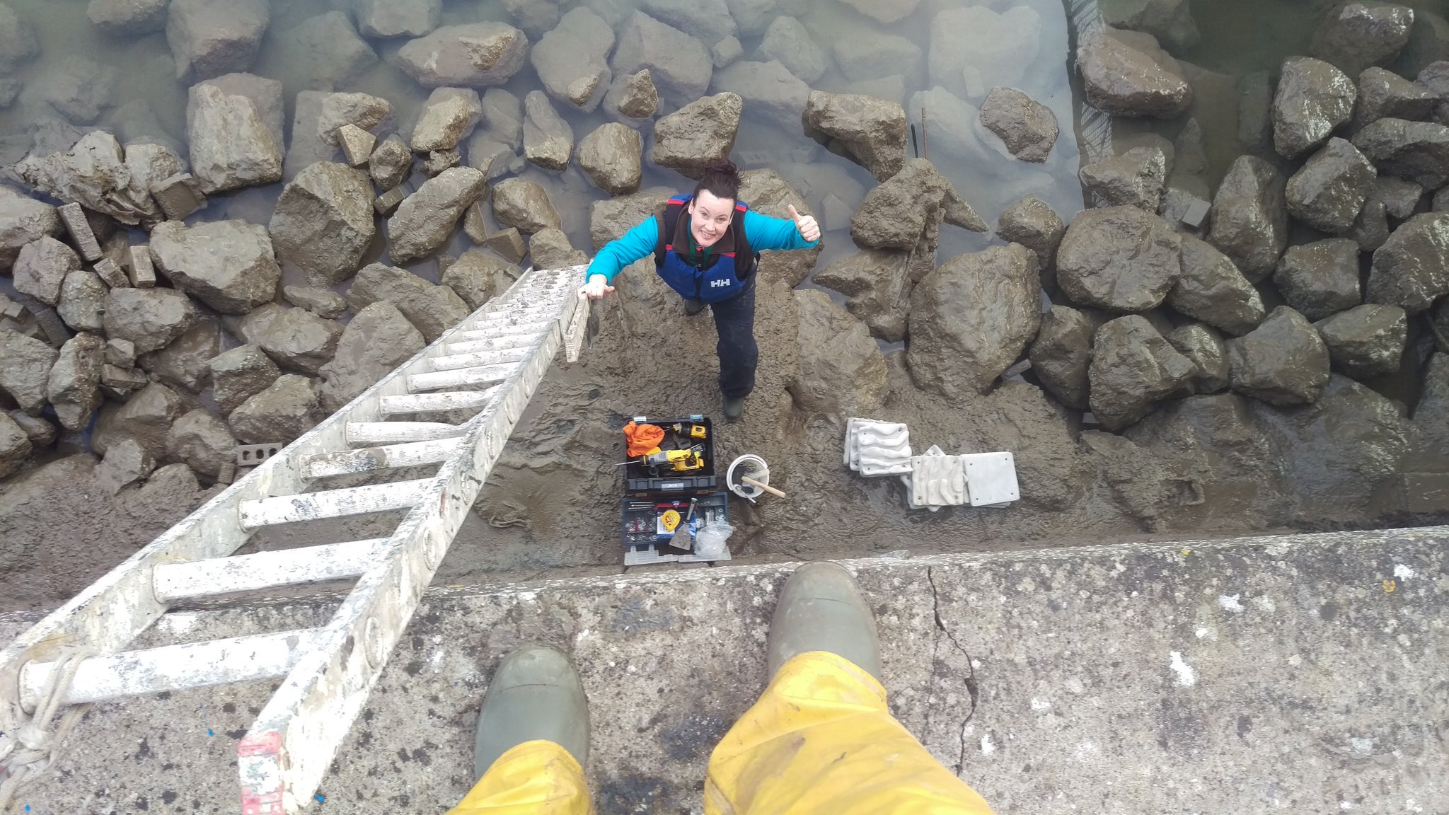 Jen Coughlan of University College Dublin smiles during installation of an eco-engineered World Harbour Tile in Ireland.